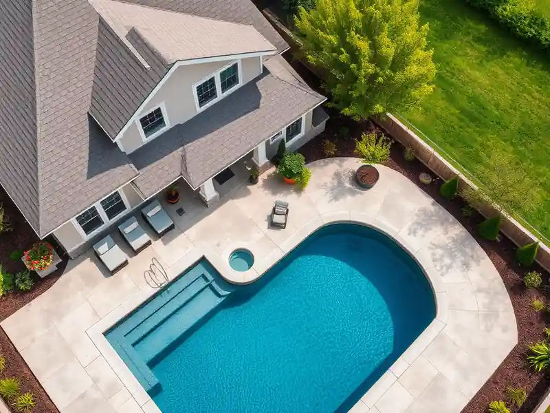 Illustration of close-up of materials and finishes of new in-ground pool with a concrete deck in a 1995-era home