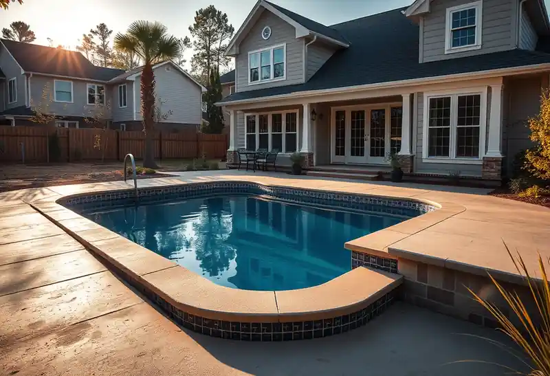 Illustration of new in-ground pool with a concrete deck in a 1995-era home
