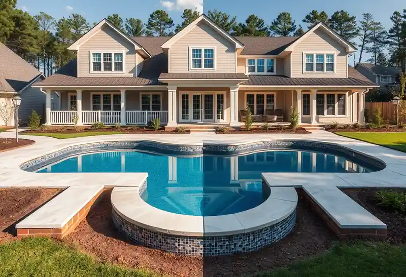 Illustration of new in-ground pool with a concrete deck in a 1995-era home
