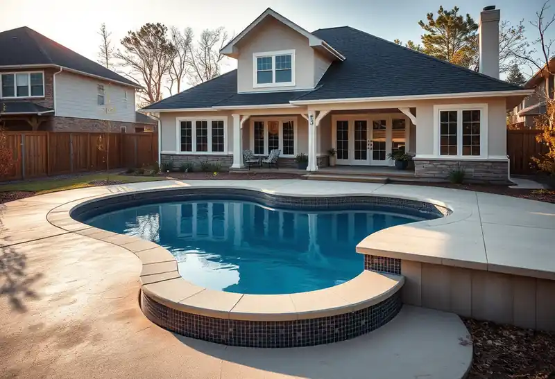 Illustration of new in-ground pool with a concrete deck in a 1995-era home
