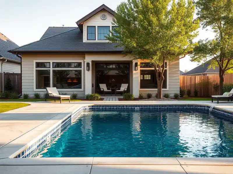 Illustration of close-up of materials and finishes of new in-ground pool with a concrete deck in a 1995-era home