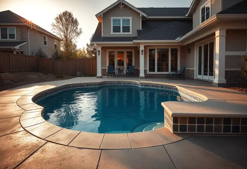 Illustration of new in-ground pool with a concrete deck in a 1995-era home