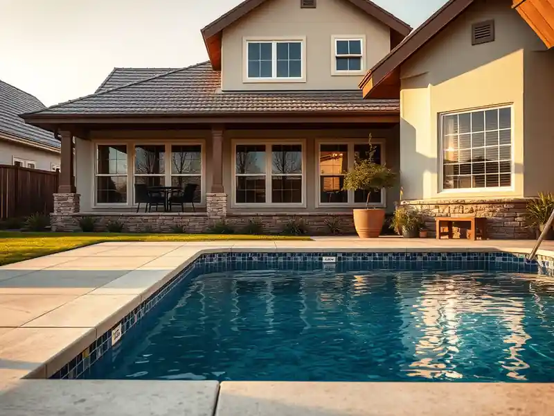 Illustration of close-up of materials and finishes of new in-ground pool with a concrete deck in a 1995-era home