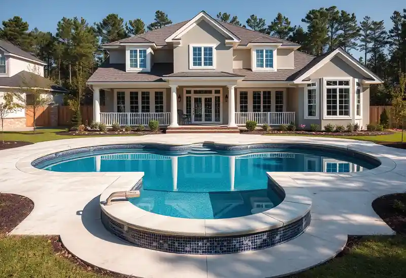 Illustration of new in-ground pool with a concrete deck in a 1995-era home