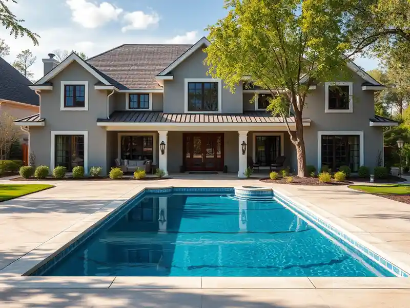 Illustration of close-up of materials and finishes of new in-ground pool with a concrete deck in a 1995-era home